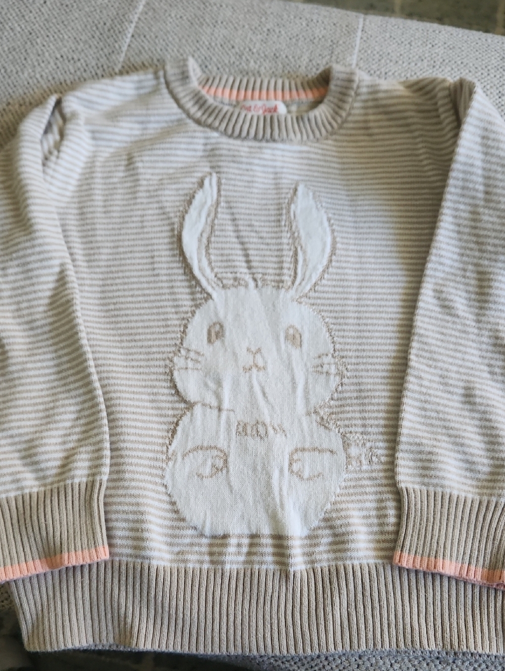 Cat & Jack Cream and Beige Striped Bunny Sweater with Pink Trim